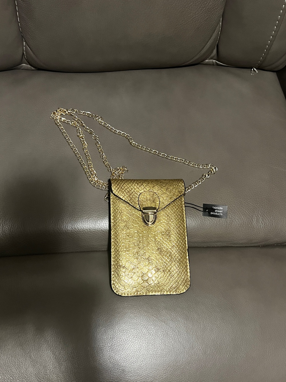 Gold Snake-Texture Crossbody Phone Bag with Chain Strap
